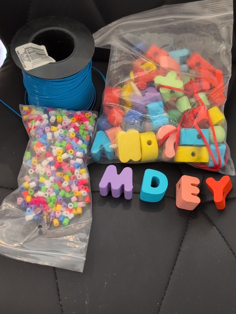 Wooden Alphabet Bracelet And Necklace Pieces, Blue String And Multicolored Beads
